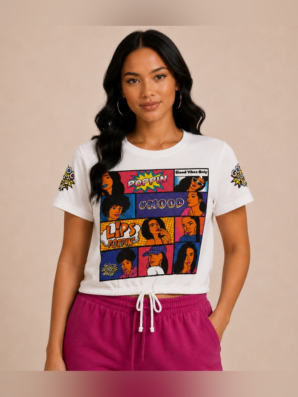 ON FIRE Women’s Medium White Graphic Crop T-Shirt Pop Art Good Vibes 100% Cotton